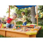 Spatiu de joaca cu nisip - Lada cu nisip din lemn pentru gradina,  acoperita cu copertina albastra retractabila UV